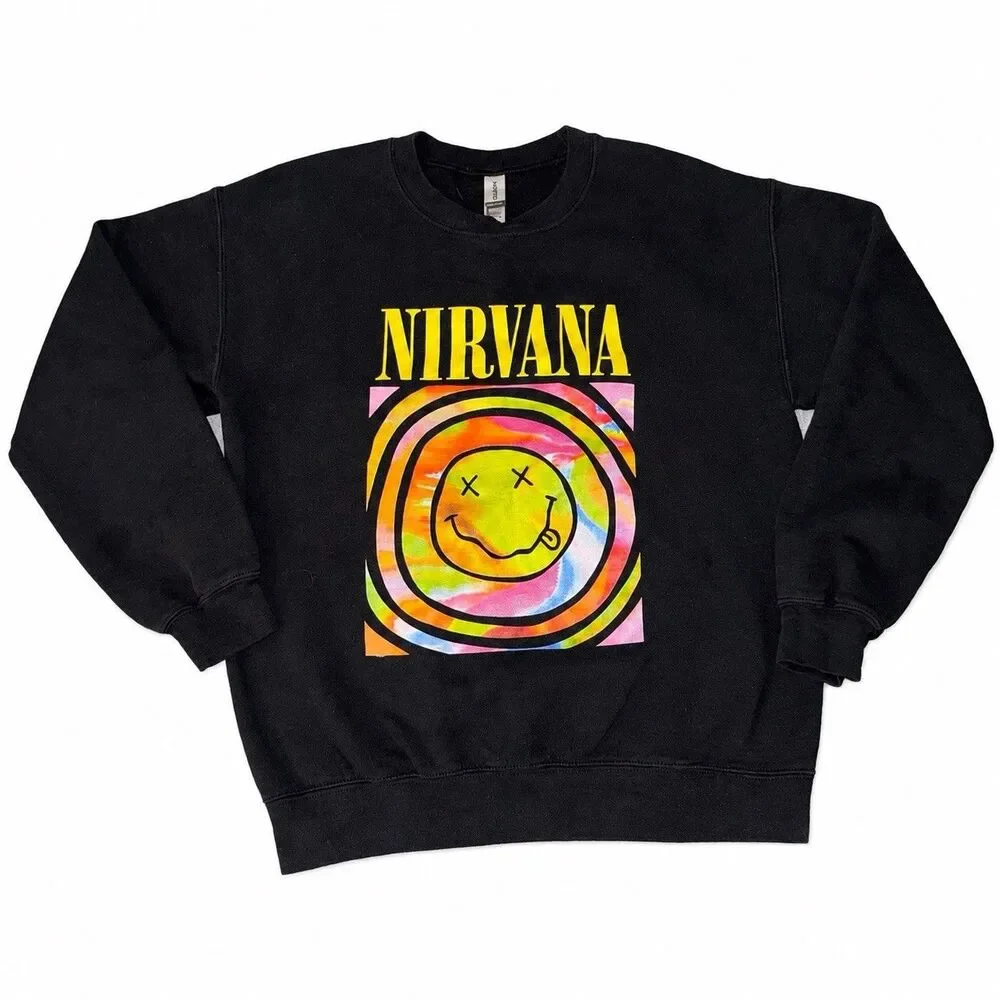 Nirvana Sweatshirt Medium Black Smiley Spiral Graphic Crewneck Gildan - Picture 2 of 4